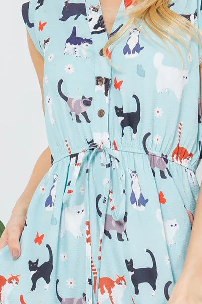 French Cafe Dress in Blue Cats