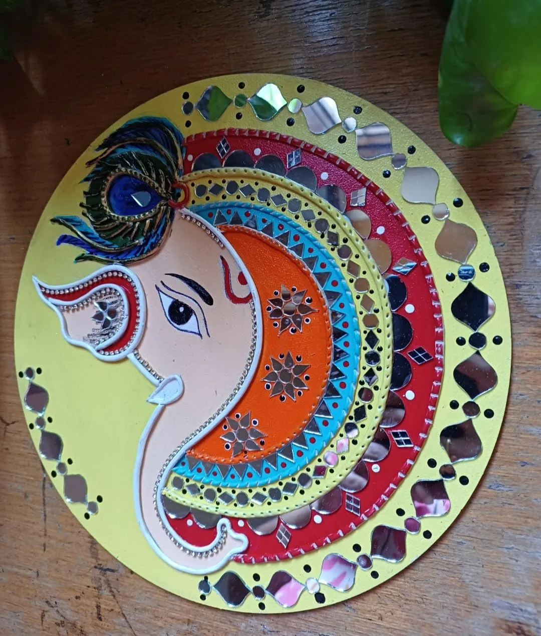 Ganesha Design on MDF Board with Mouldit Clay, Acrylic Paint, Mirrors Decorative Item (10 Inch)
