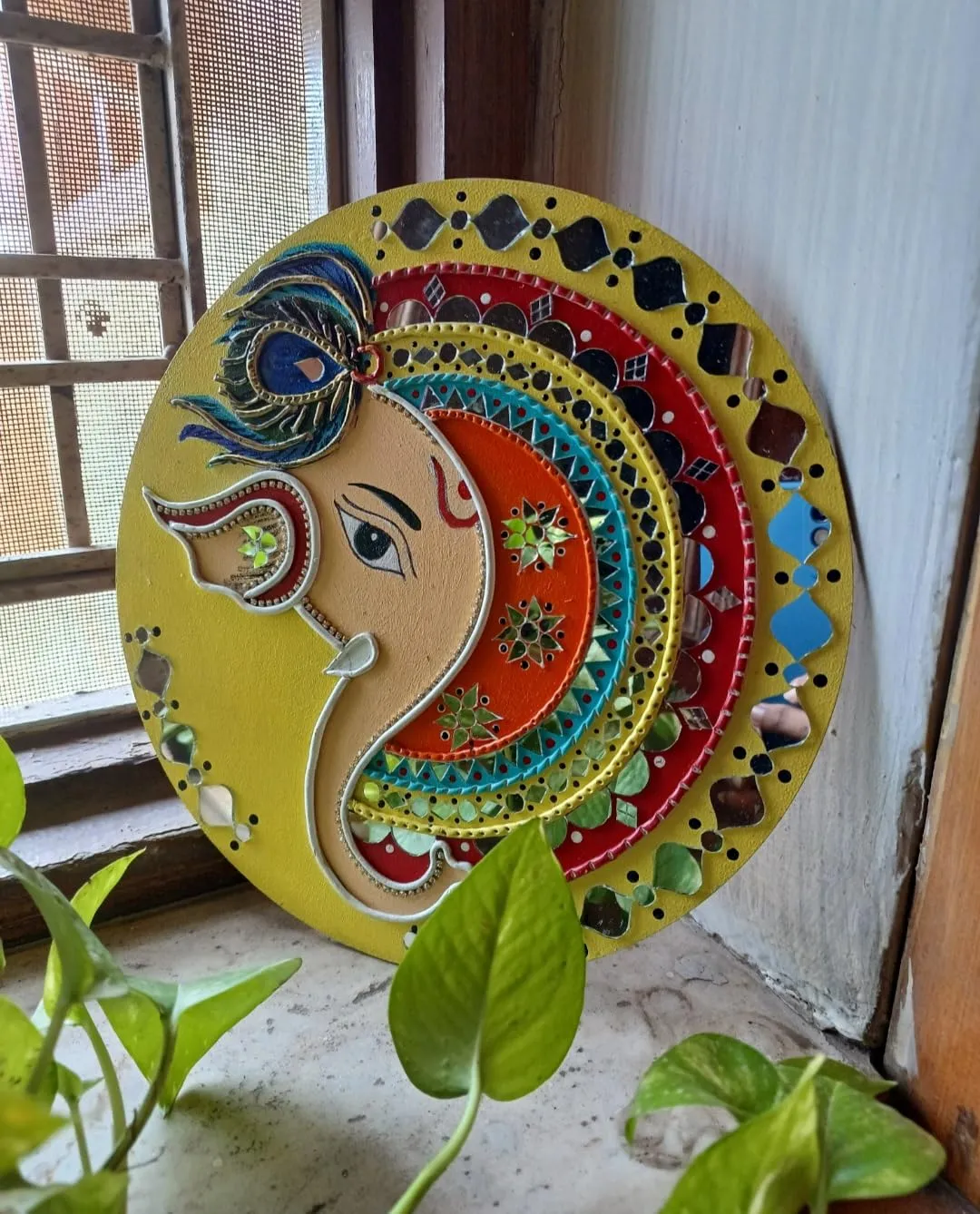 Ganesha Design on MDF Board with Mouldit Clay, Acrylic Paint, Mirrors Decorative Item (10 Inch)