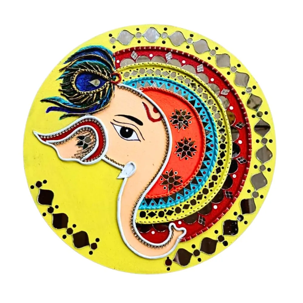 Ganesha Design on MDF Board with Mouldit Clay, Acrylic Paint, Mirrors Decorative Item (10 Inch)