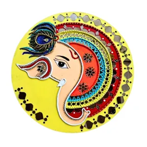 Ganesha Design on MDF Board with Mouldit Clay, Acrylic Paint, Mirrors Decorative Item (10 Inch)