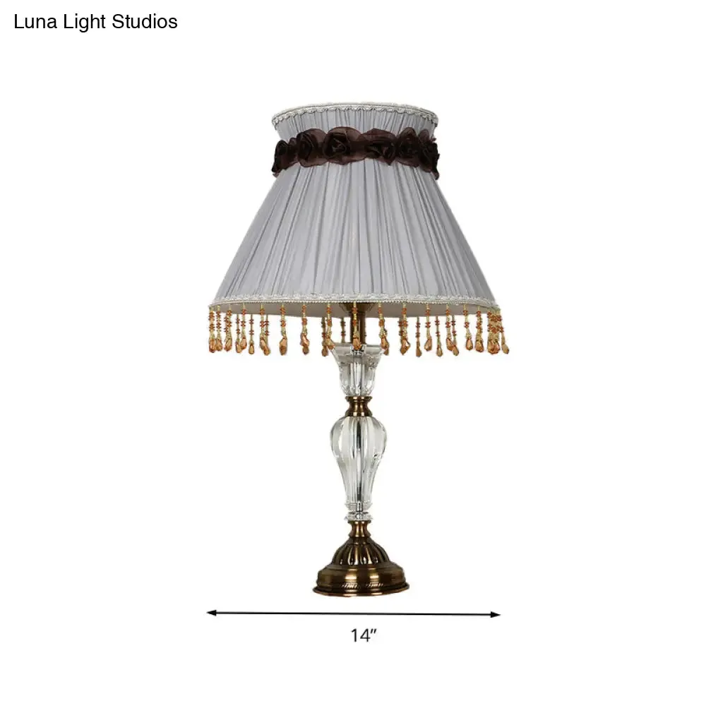 Grey Fabric Night Lamp with Crystal Droplet - Conical Lodge Bedroom Nightstand Light