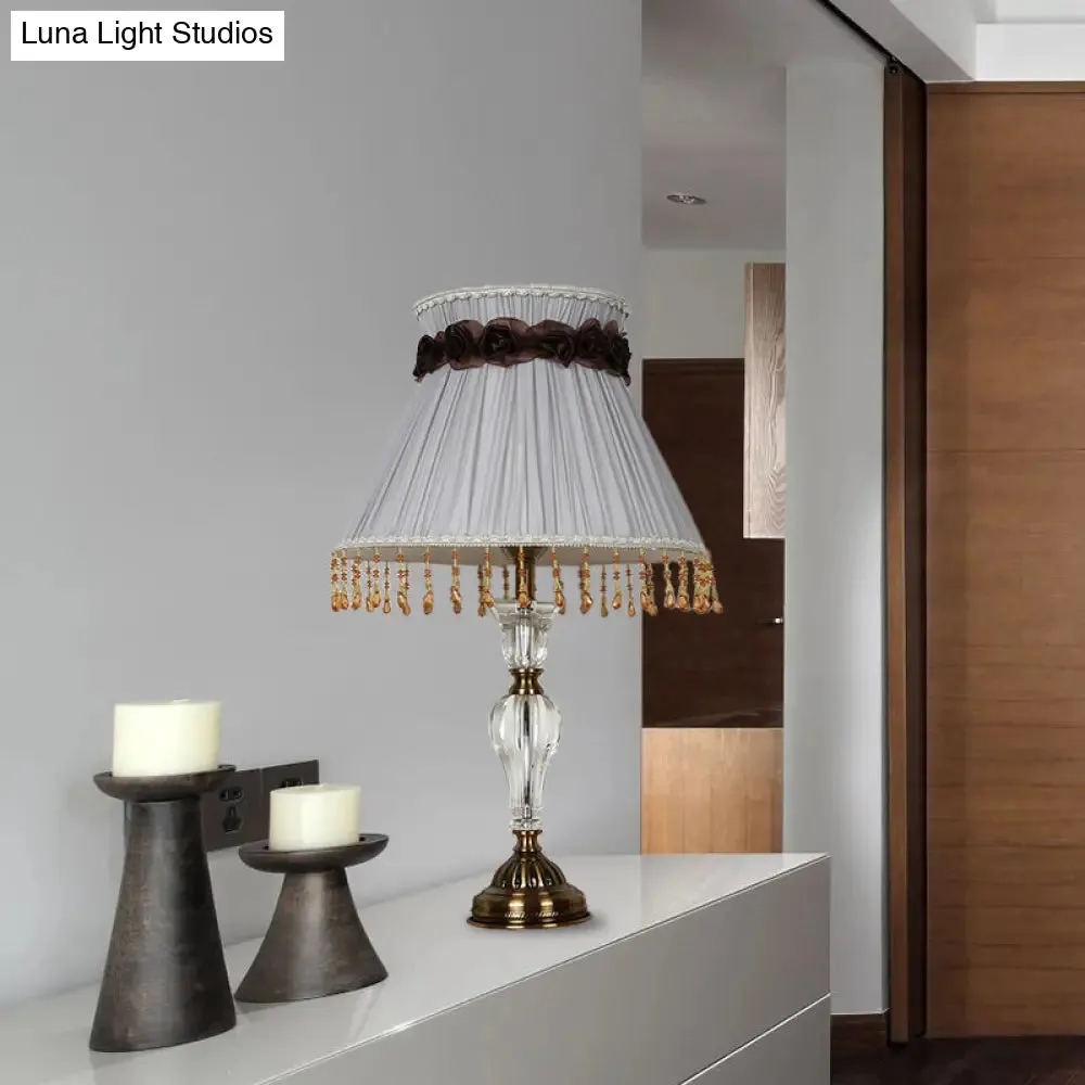Grey Fabric Night Lamp with Crystal Droplet - Conical Lodge Bedroom Nightstand Light