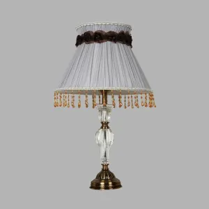 Grey Fabric Night Lamp with Crystal Droplet - Conical Lodge Bedroom Nightstand Light