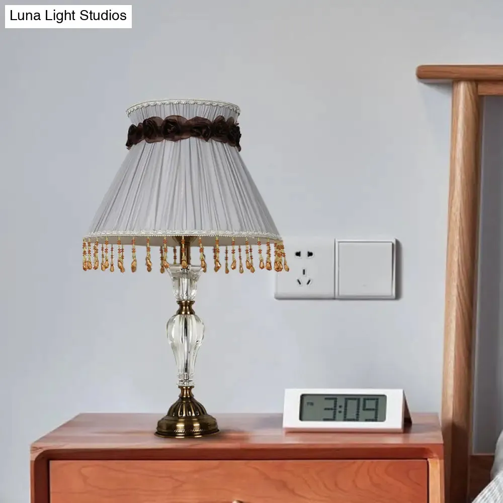 Grey Fabric Night Lamp with Crystal Droplet - Conical Lodge Bedroom Nightstand Light