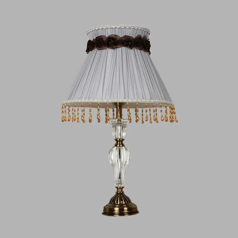 Grey Fabric Night Lamp with Crystal Droplet - Conical Lodge Bedroom Nightstand Light