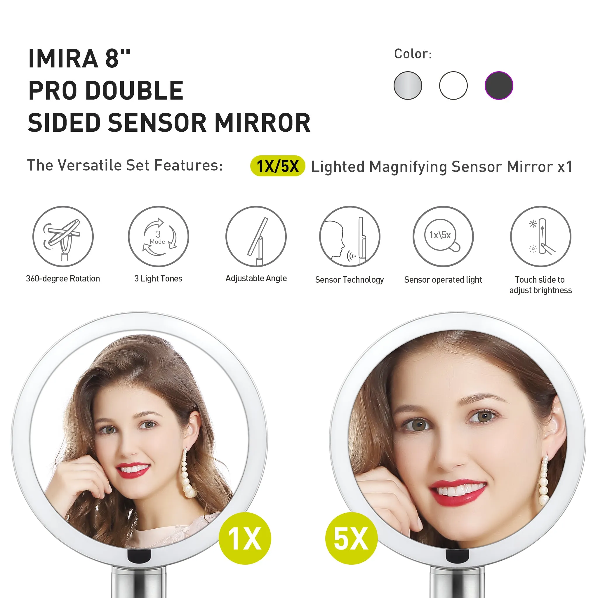 iMira Pro 8" 1X/5X Double Sided Sensor Mirror - Pearl White