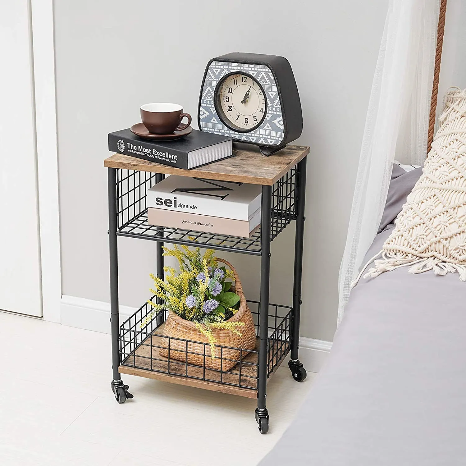 INDIAN DECOR. 46171 Mobile Side Table End Tables Sofa Mobile Table Wood End Table with Rolling Casters Storage Nightstand Couch Table Mobile Snack Table for Living Room Coffee Laptop Tablet Brown