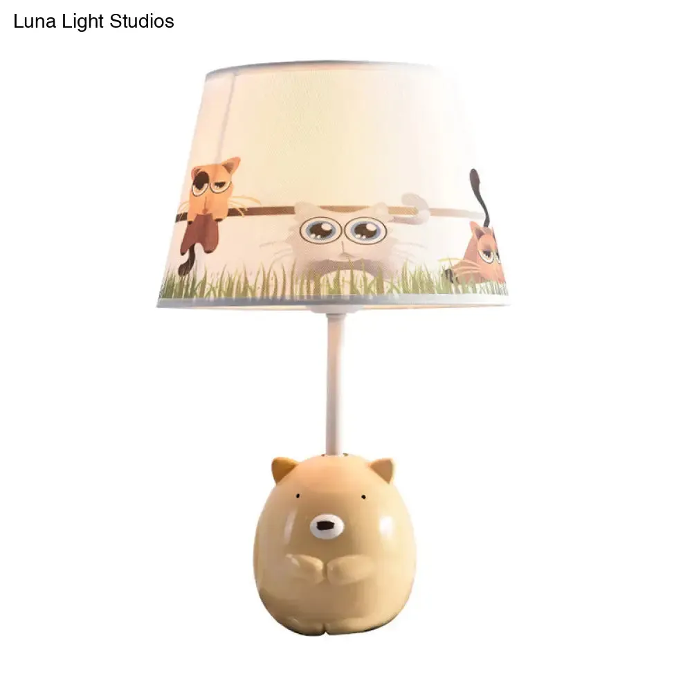 Kids Bear Nightstand Lamp - Resin Base, Tapered Fabric Shade, Apricot Color