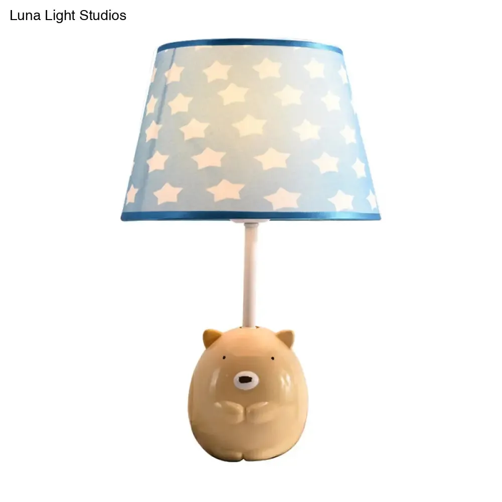 Kids Bear Nightstand Lamp - Resin Base, Tapered Fabric Shade, Apricot Color