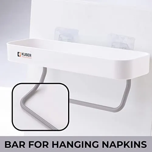 Kuber Industries Set of 2 Bathroom Organizer with Towel Hanger |Self-Adhesive Wall Shelf|Non-Toxic|Easy to Fit Plastic Bathroom Shelf|Multipurpose Wall Mounted Shelf for Bathroom & Kitchen|1323|White