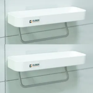 Kuber Industries Set of 2 Bathroom Organizer with Towel Hanger |Self-Adhesive Wall Shelf|Non-Toxic|Easy to Fit Plastic Bathroom Shelf|Multipurpose Wall Mounted Shelf for Bathroom & Kitchen|1323|White