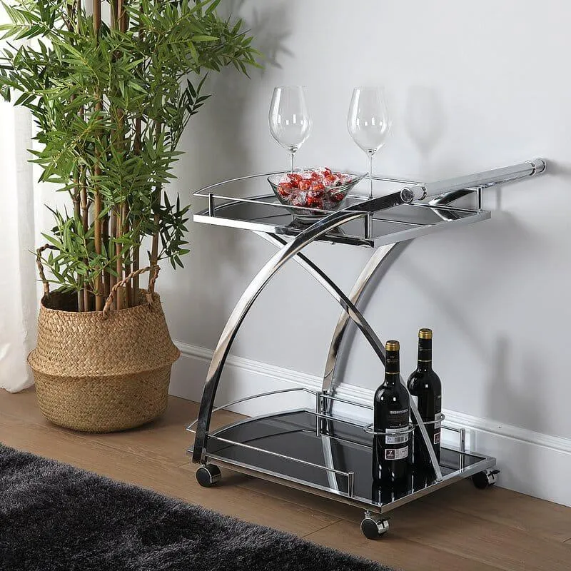 Luxurious Bar Cart Trolley in Nickle Tone with Black Glass