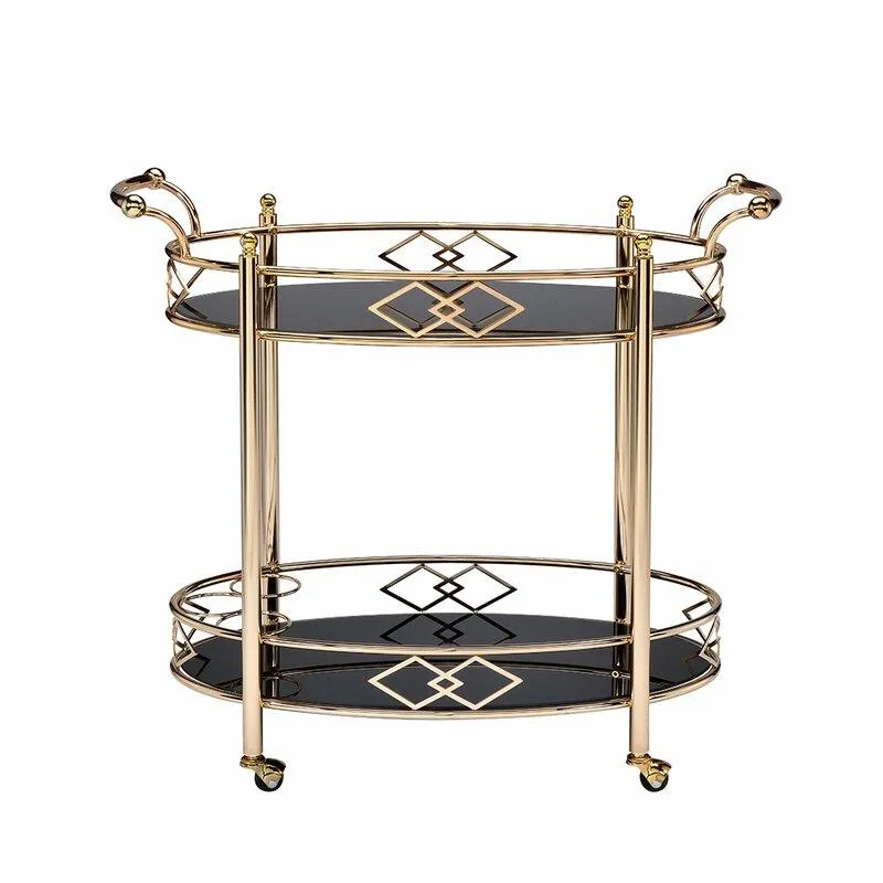 Luxurious Golden Iron 2 Tier Oval Trolley with Black Glass - Space Saving Design
