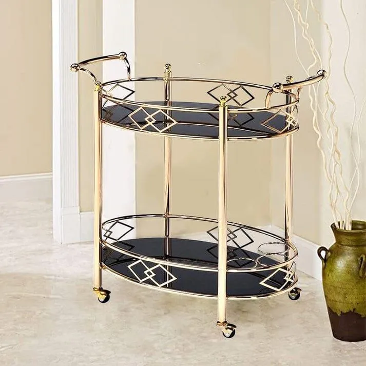 Luxurious Golden Iron 2 Tier Oval Trolley with Black Glass - Space Saving Design