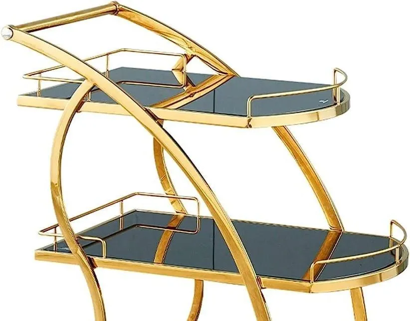 Luxurious Golden Iron 3 Tier Rectangle Trolley with Black Glass - S Shaped Design
