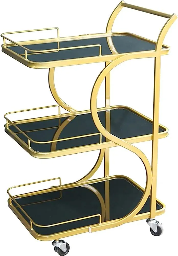 Luxurious Golden Iron 3 Tier Rectangle Trolley with Black Glass - S Shaped Design