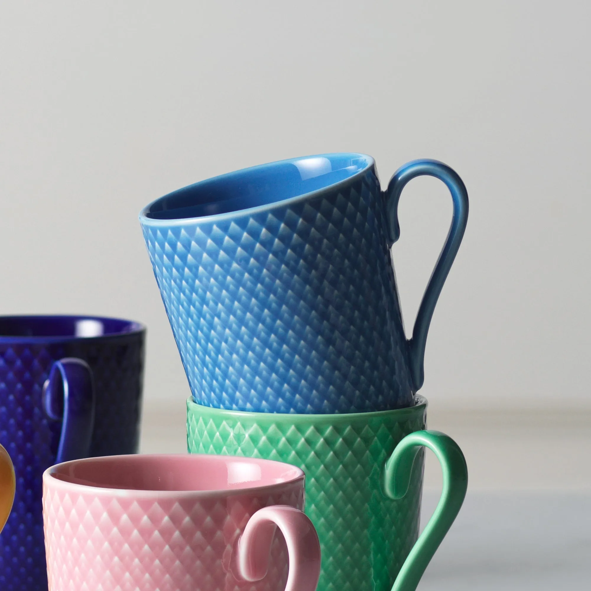 Lyngby Porcelæn Rhombe Color Mug With Handle Set, Blue, 11.2 Oz, 4 Pcs.
