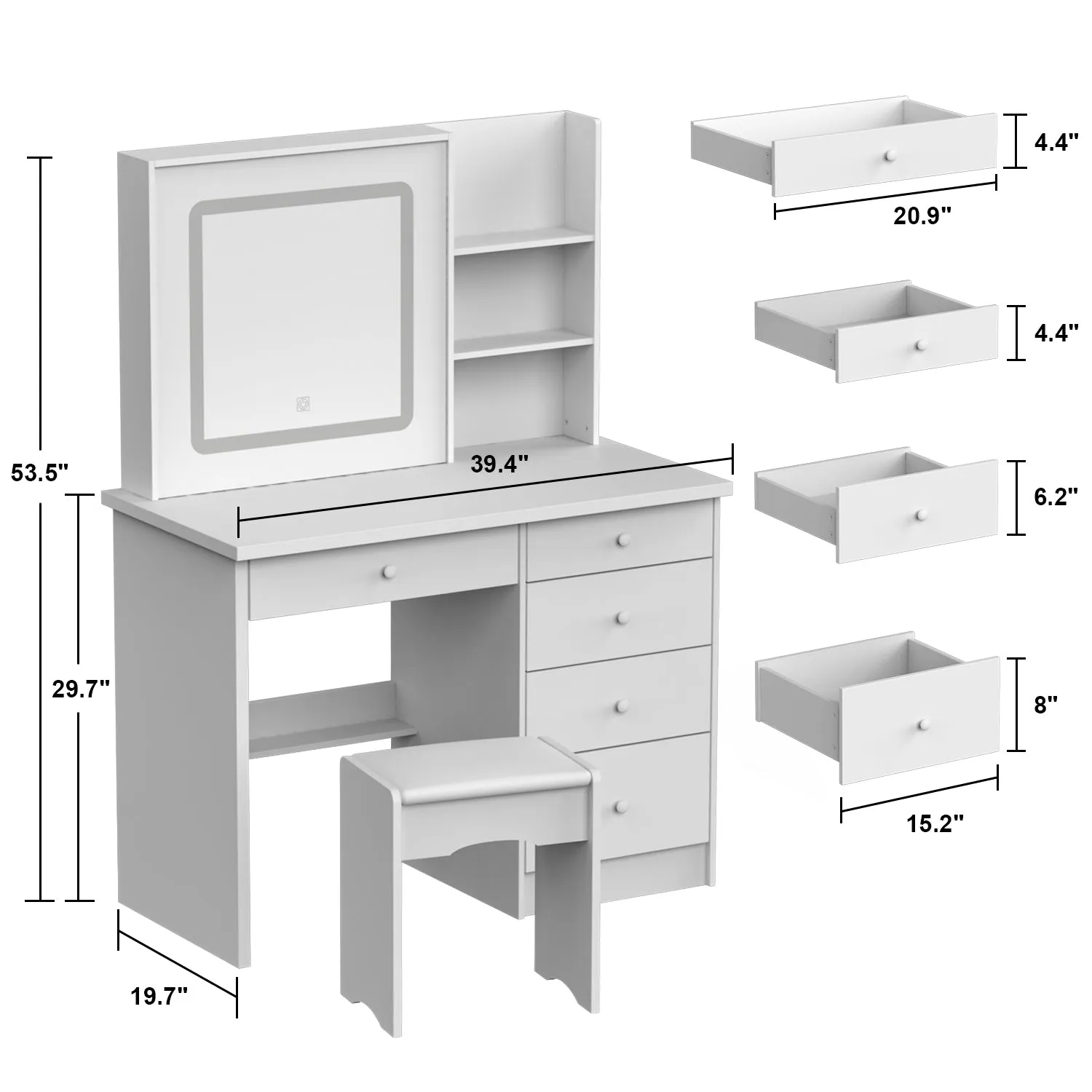Makeup Vanity Set with Sliding Lighted Mirror, Cushioned Stool, 5 Drawers & Shelves
