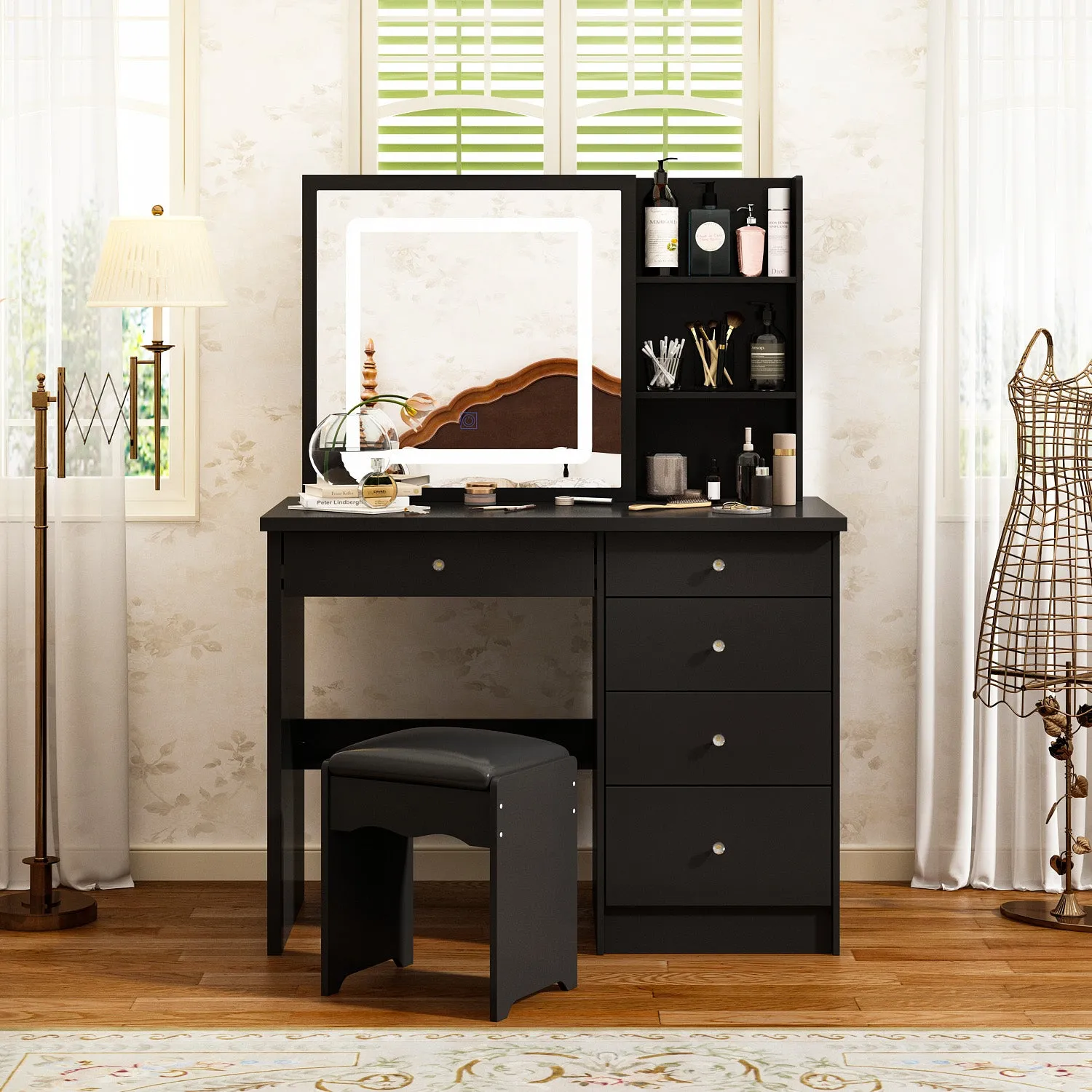 Makeup Vanity Set with Sliding Lighted Mirror, Cushioned Stool, 5 Drawers & Shelves