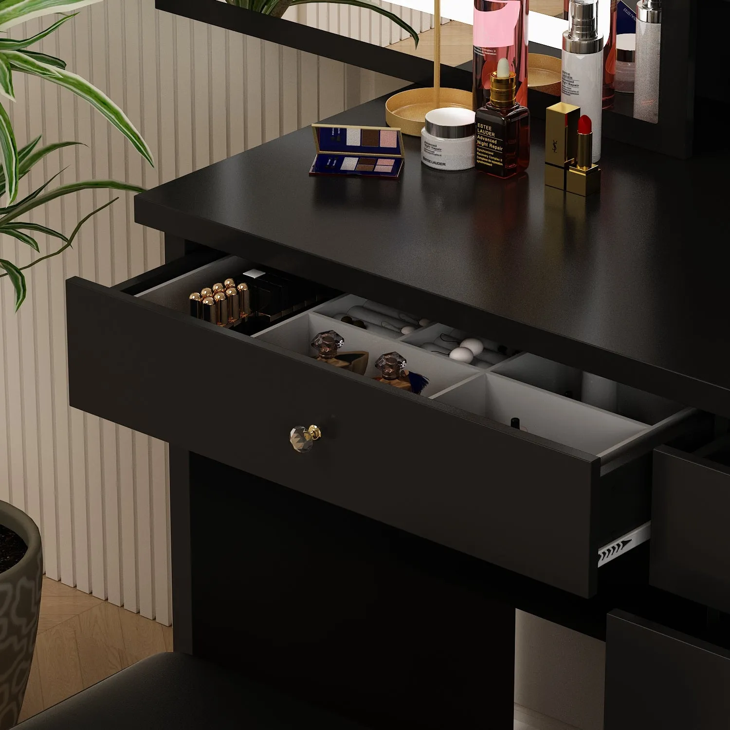 Makeup Vanity Set with Sliding Lighted Mirror, Cushioned Stool, 5 Drawers & Shelves