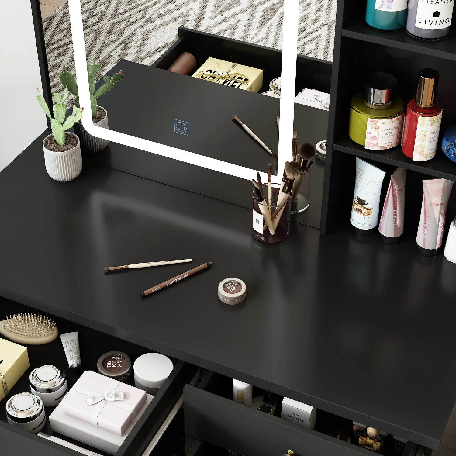 Makeup Vanity Set with Sliding Lighted Mirror, Cushioned Stool, 5 Drawers & Shelves