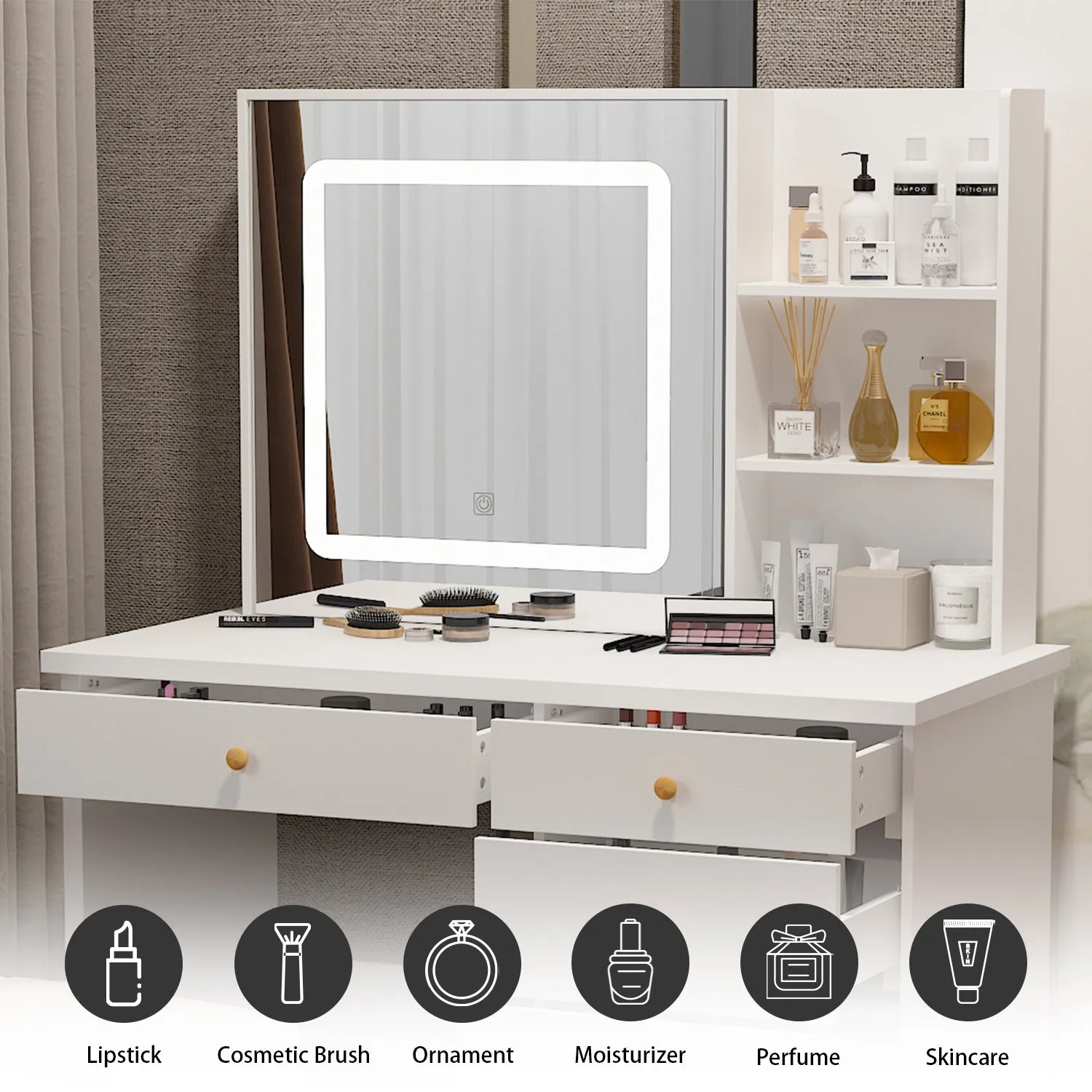 Makeup Vanity Set with Sliding Lighted Mirror, Cushioned Stool, 5 Drawers & Shelves