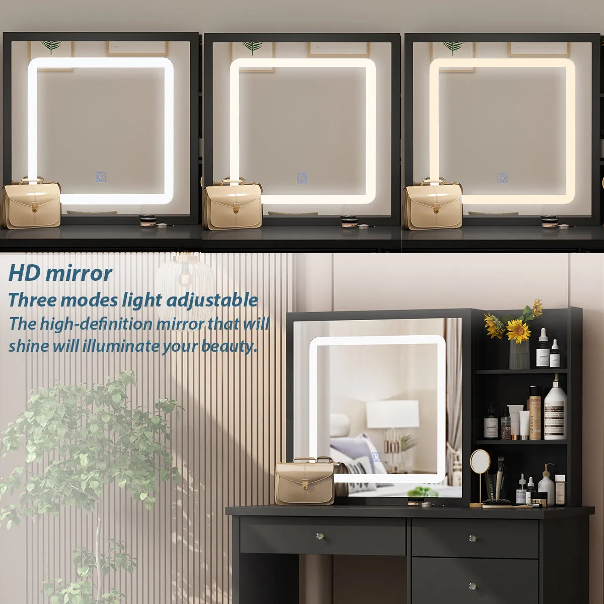 Makeup Vanity Set with Sliding Lighted Mirror, Cushioned Stool, 5 Drawers & Shelves
