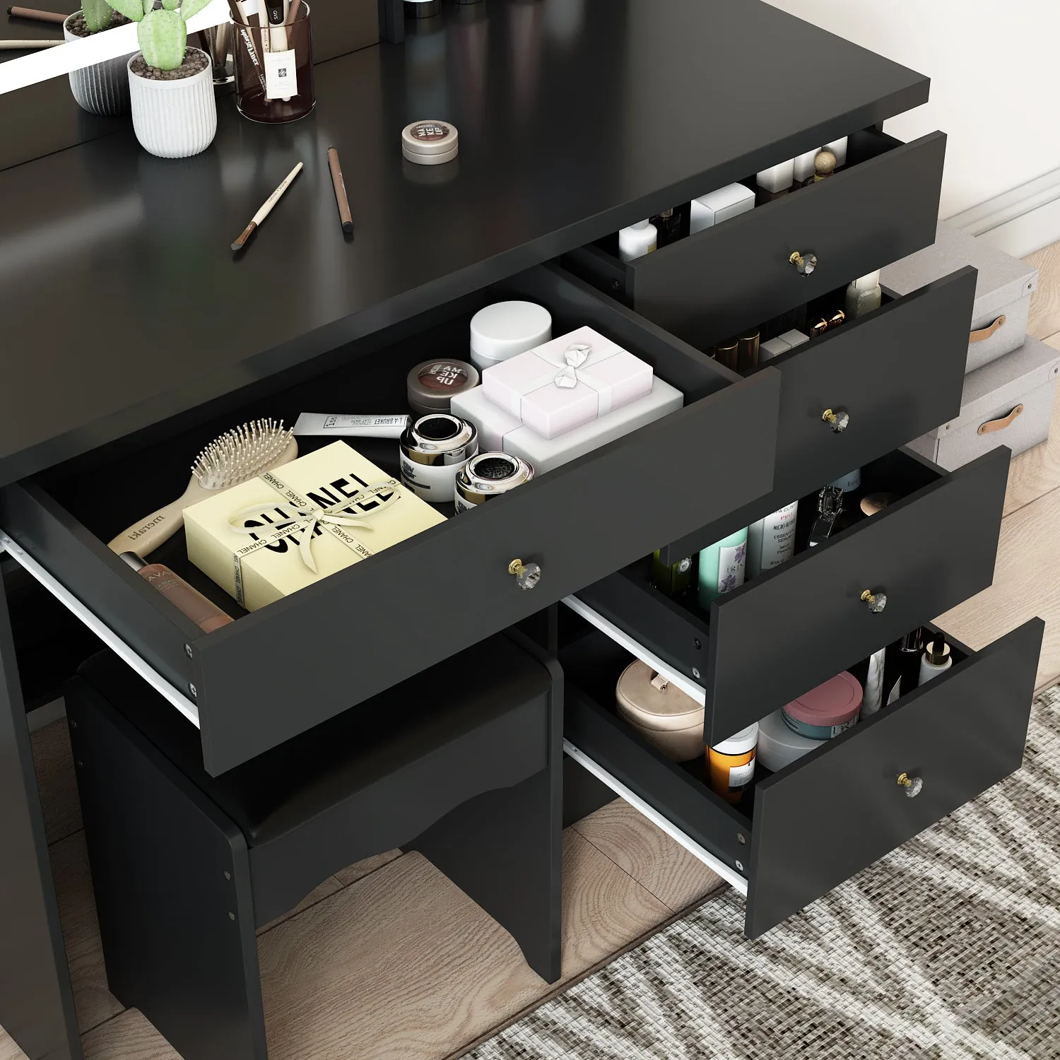 Makeup Vanity Set with Sliding Lighted Mirror, Cushioned Stool, 5 Drawers & Shelves