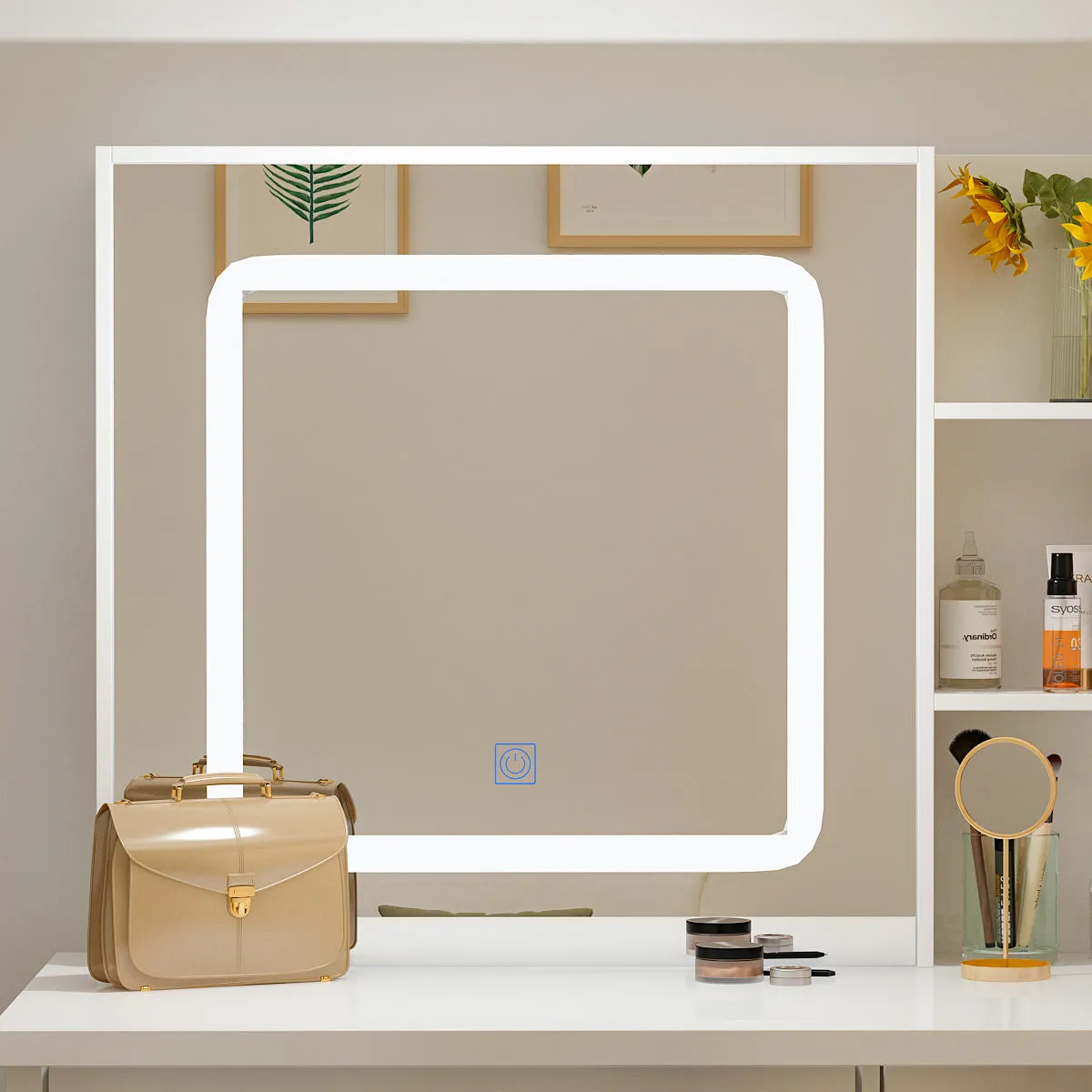 Makeup Vanity Set with Sliding Lighted Mirror, Cushioned Stool, 5 Drawers & Shelves