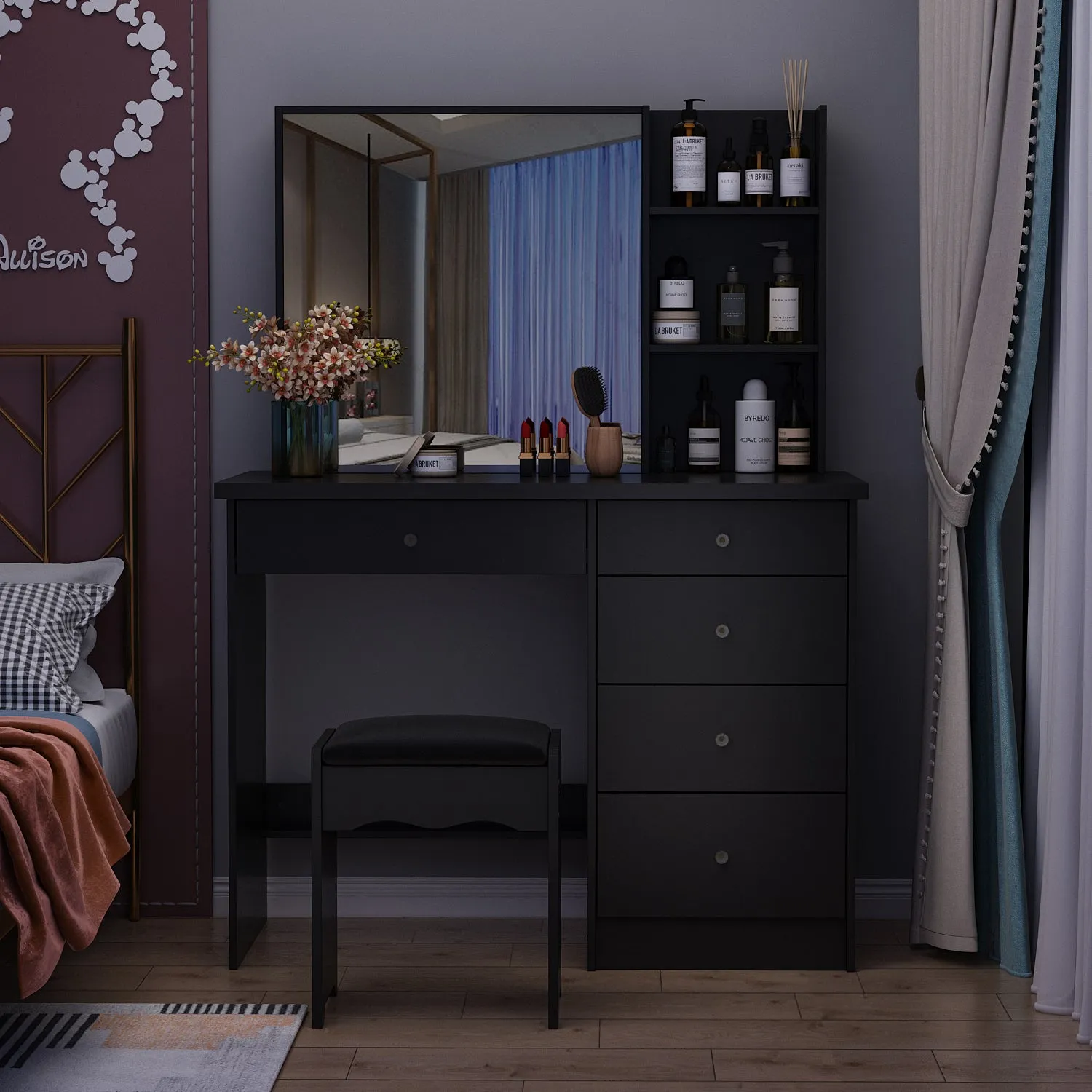 Makeup Vanity Set with Sliding Lighted Mirror, Cushioned Stool, 5 Drawers & Shelves