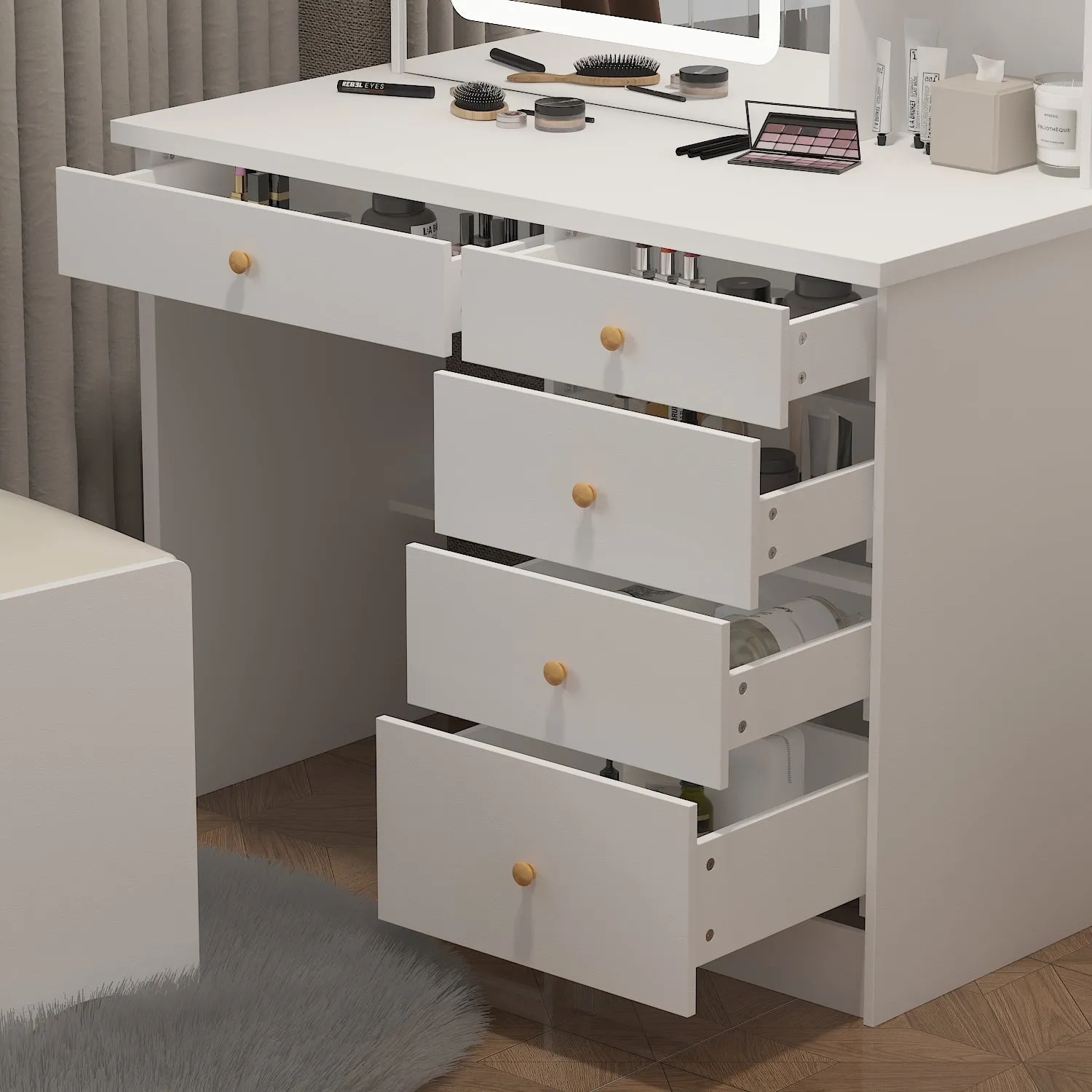 Makeup Vanity Set with Sliding Lighted Mirror, Cushioned Stool, 5 Drawers & Shelves