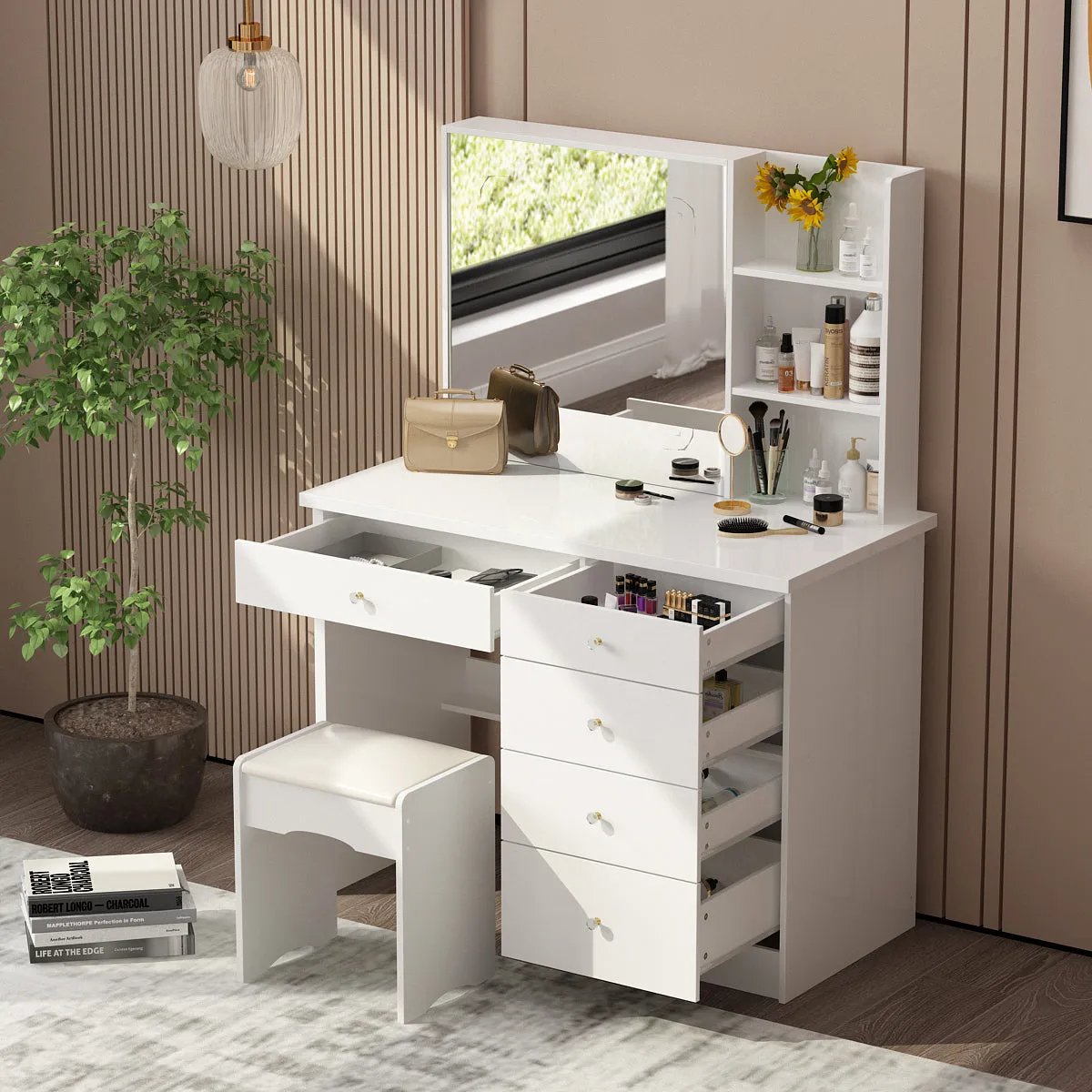 Makeup Vanity Set with Sliding Lighted Mirror, Cushioned Stool, 5 Drawers & Shelves