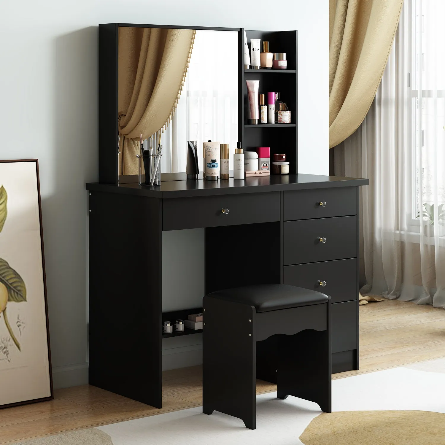 Makeup Vanity Set with Sliding Lighted Mirror, Cushioned Stool, 5 Drawers & Shelves