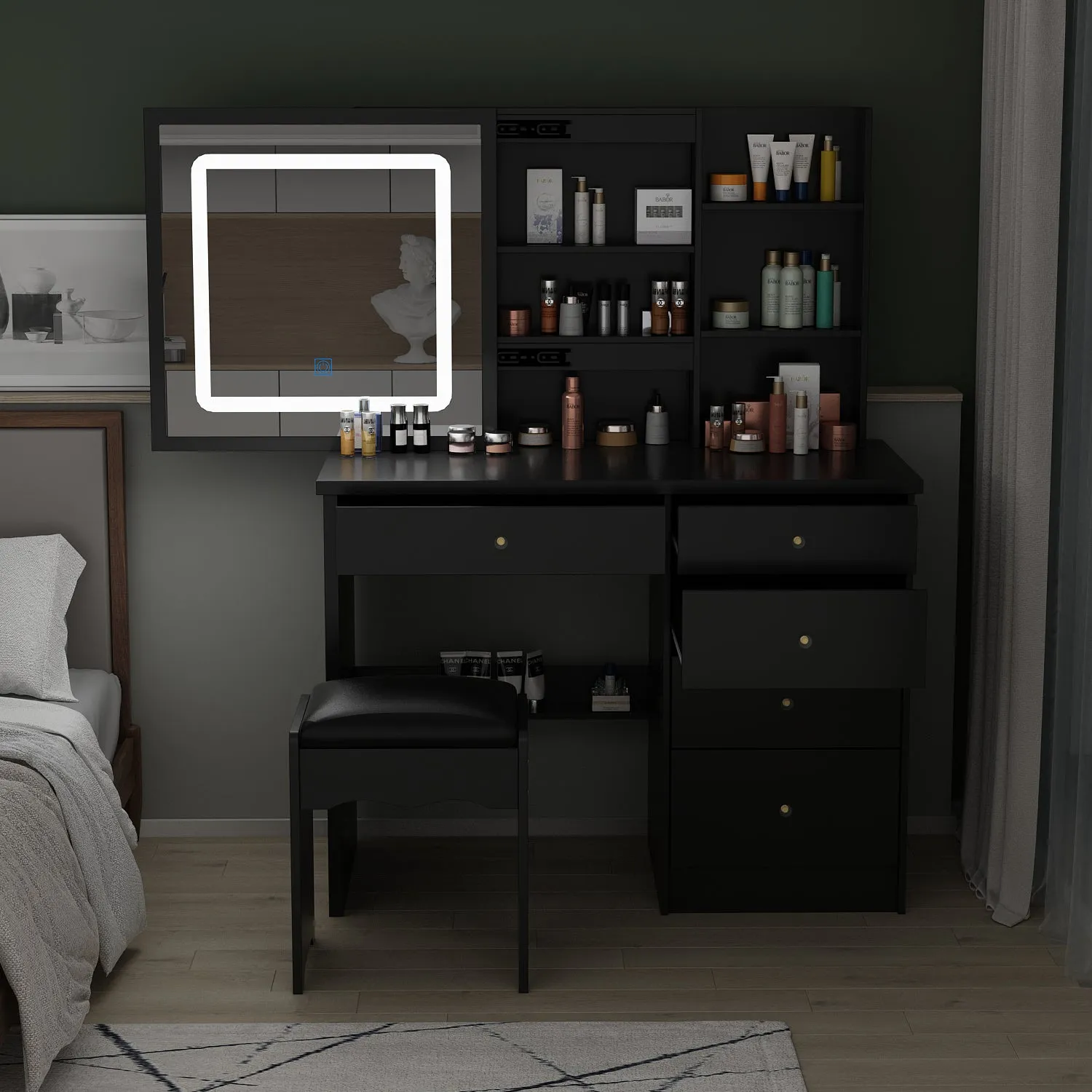 Makeup Vanity Set with Sliding Lighted Mirror, Cushioned Stool, 5 Drawers & Shelves