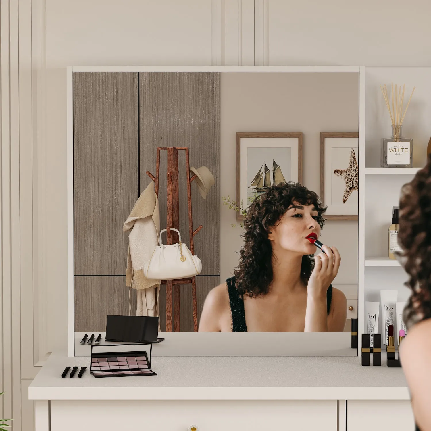 Makeup Vanity Set with Sliding Lighted Mirror, Cushioned Stool, 5 Drawers & Shelves