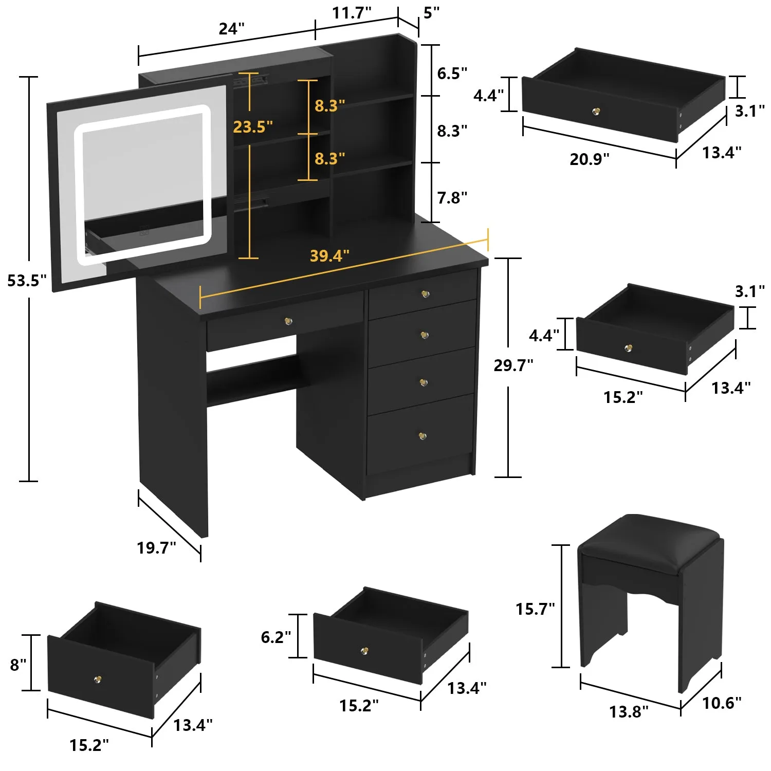 Makeup Vanity Set with Sliding Lighted Mirror, Cushioned Stool, 5 Drawers & Shelves