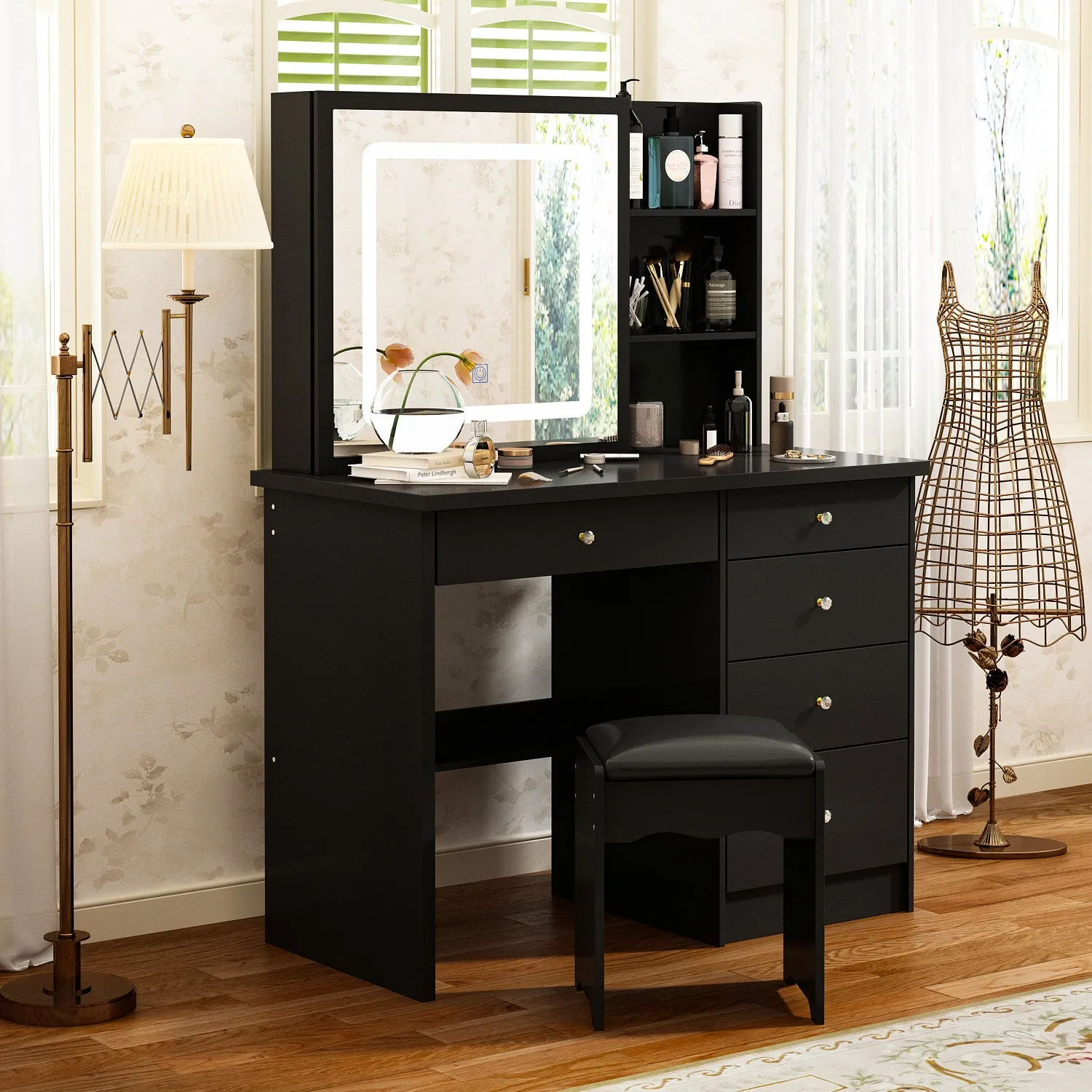 Makeup Vanity Set with Sliding Lighted Mirror, Cushioned Stool, 5 Drawers & Shelves