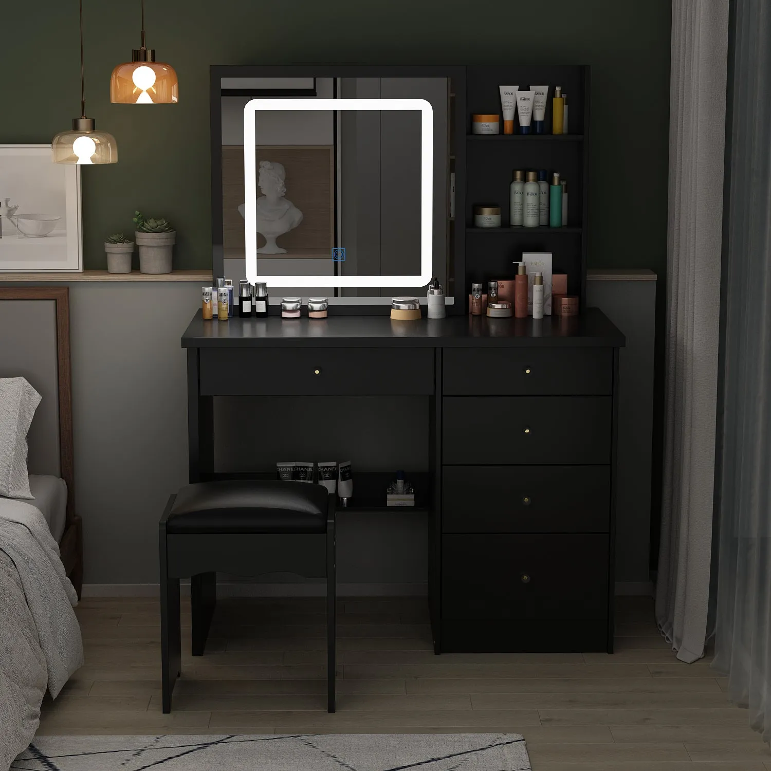 Makeup Vanity Set with Sliding Lighted Mirror, Cushioned Stool, 5 Drawers & Shelves