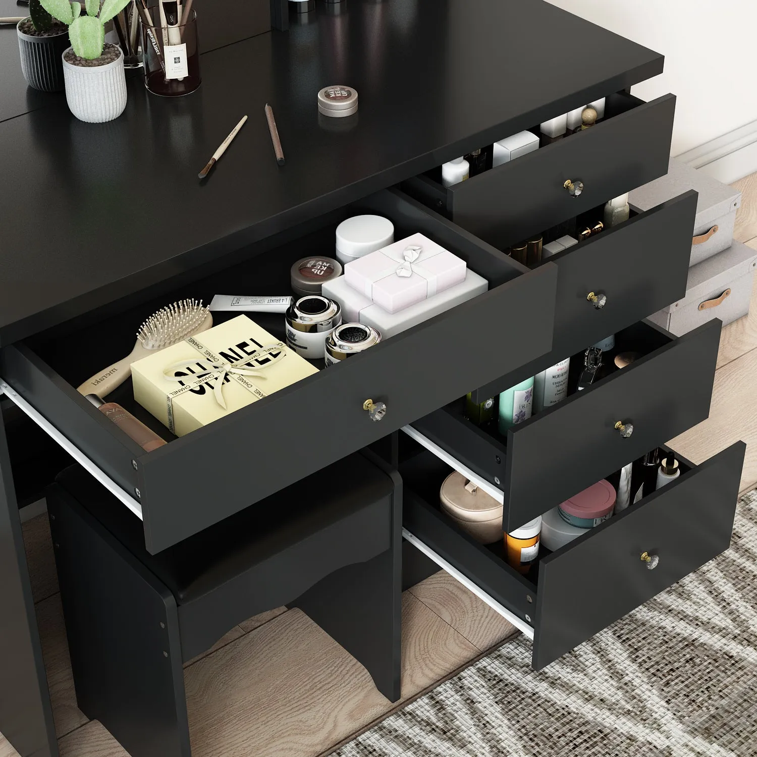 Makeup Vanity Set with Sliding Lighted Mirror, Cushioned Stool, 5 Drawers & Shelves