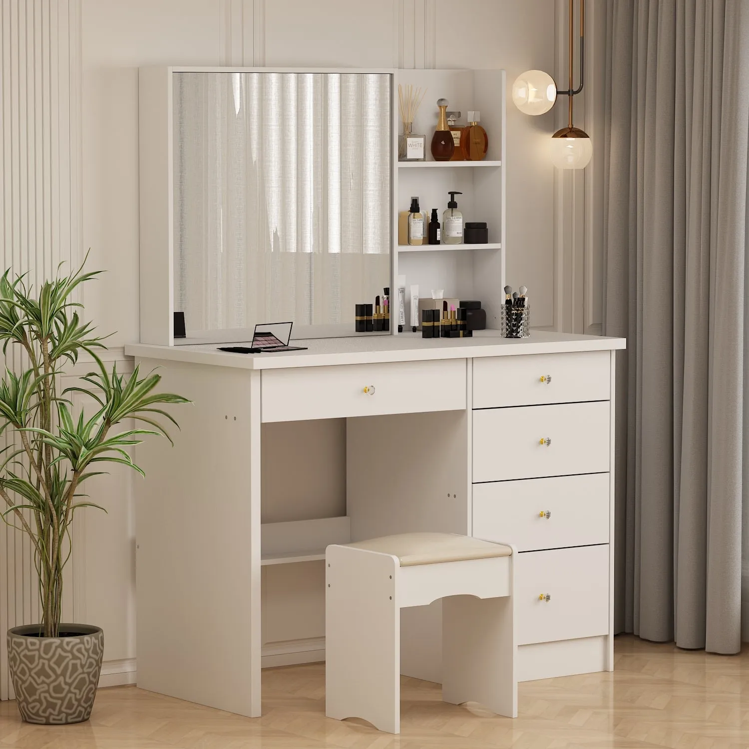 Makeup Vanity Set with Sliding Lighted Mirror, Cushioned Stool, 5 Drawers & Shelves
