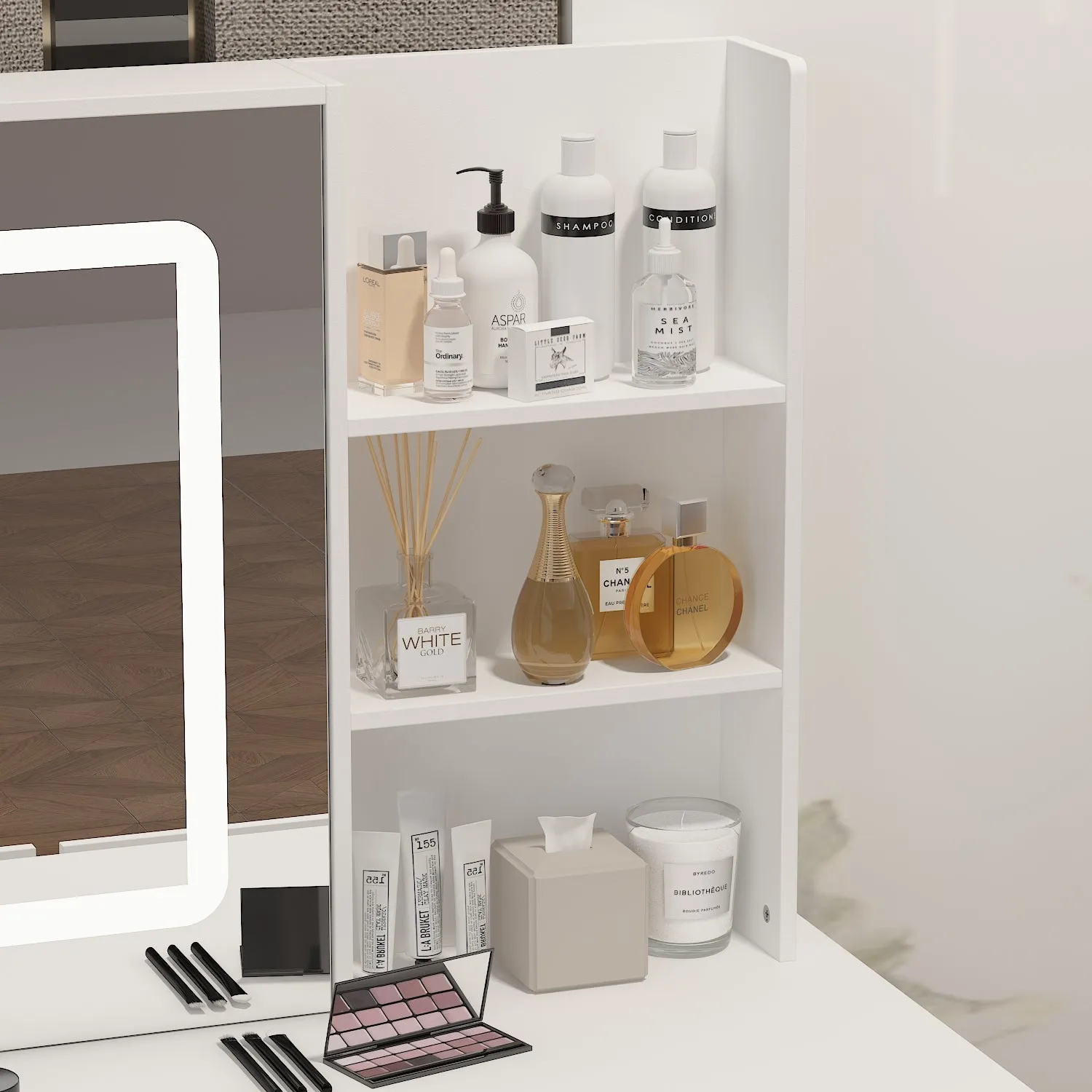 Makeup Vanity Set with Sliding Lighted Mirror, Cushioned Stool, 5 Drawers & Shelves