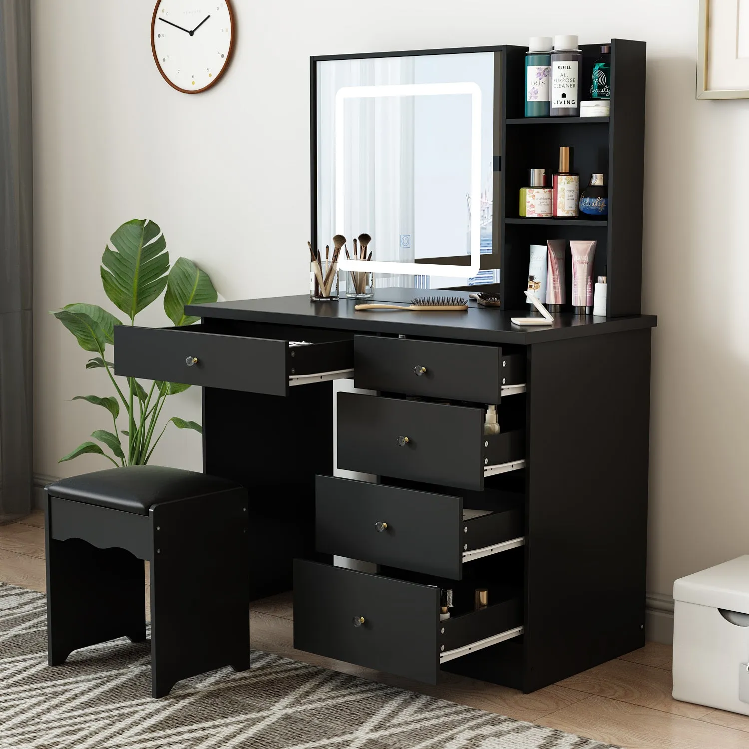 Makeup Vanity Set with Sliding Lighted Mirror, Cushioned Stool, 5 Drawers & Shelves