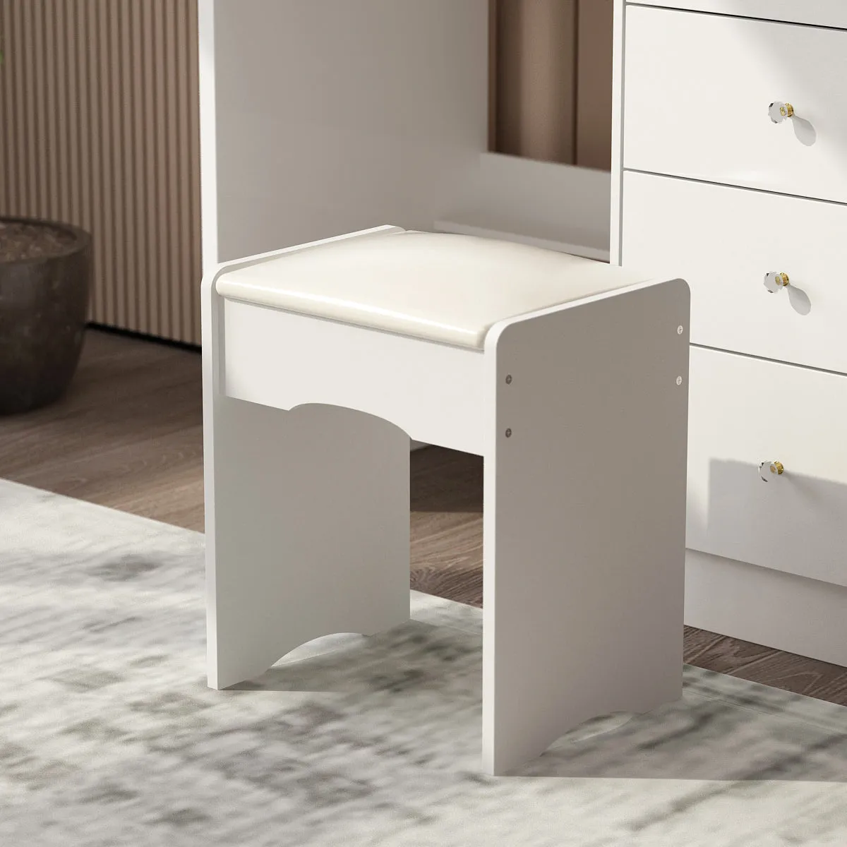 Makeup Vanity Set with Sliding Lighted Mirror, Cushioned Stool, 5 Drawers & Shelves