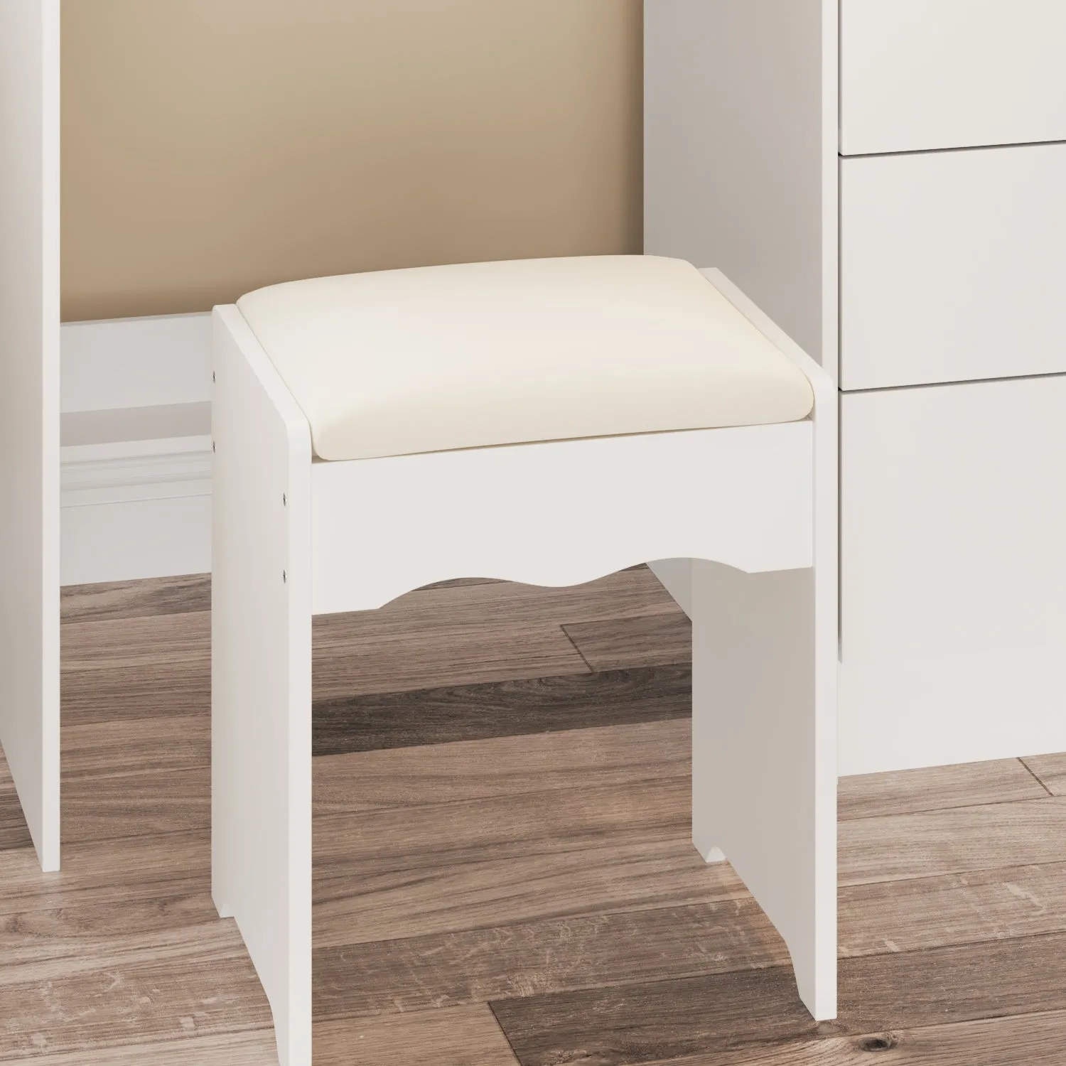 Makeup Vanity Set with Sliding Lighted Mirror, Cushioned Stool, 5 Drawers & Shelves