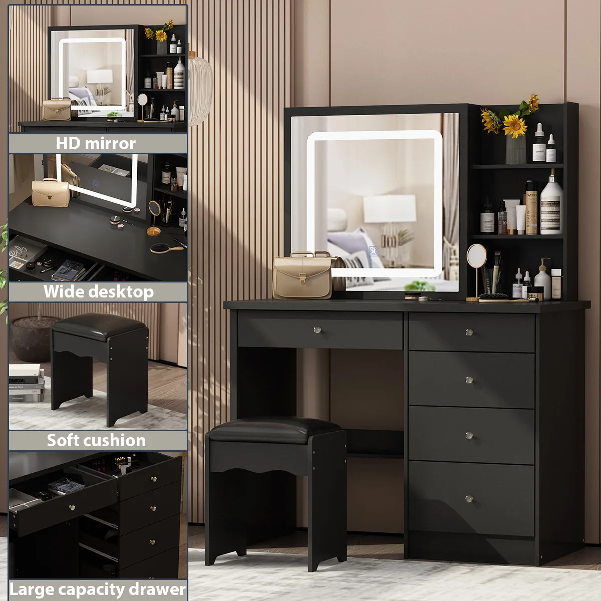 Makeup Vanity Set with Sliding Lighted Mirror, Cushioned Stool, 5 Drawers & Shelves