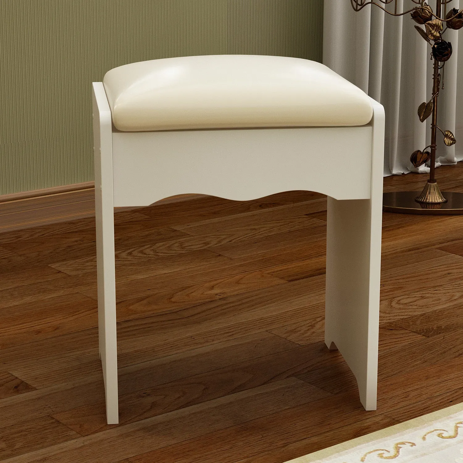 Makeup Vanity Set with Sliding Lighted Mirror, Cushioned Stool, 5 Drawers & Shelves