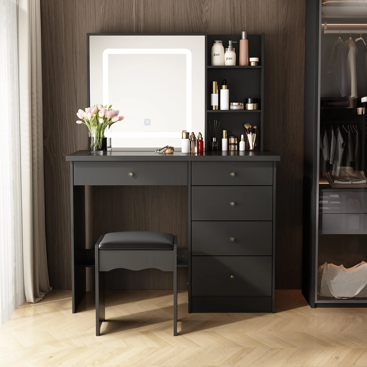 Makeup Vanity Set with Sliding Lighted Mirror, Cushioned Stool, 5 Drawers & Shelves