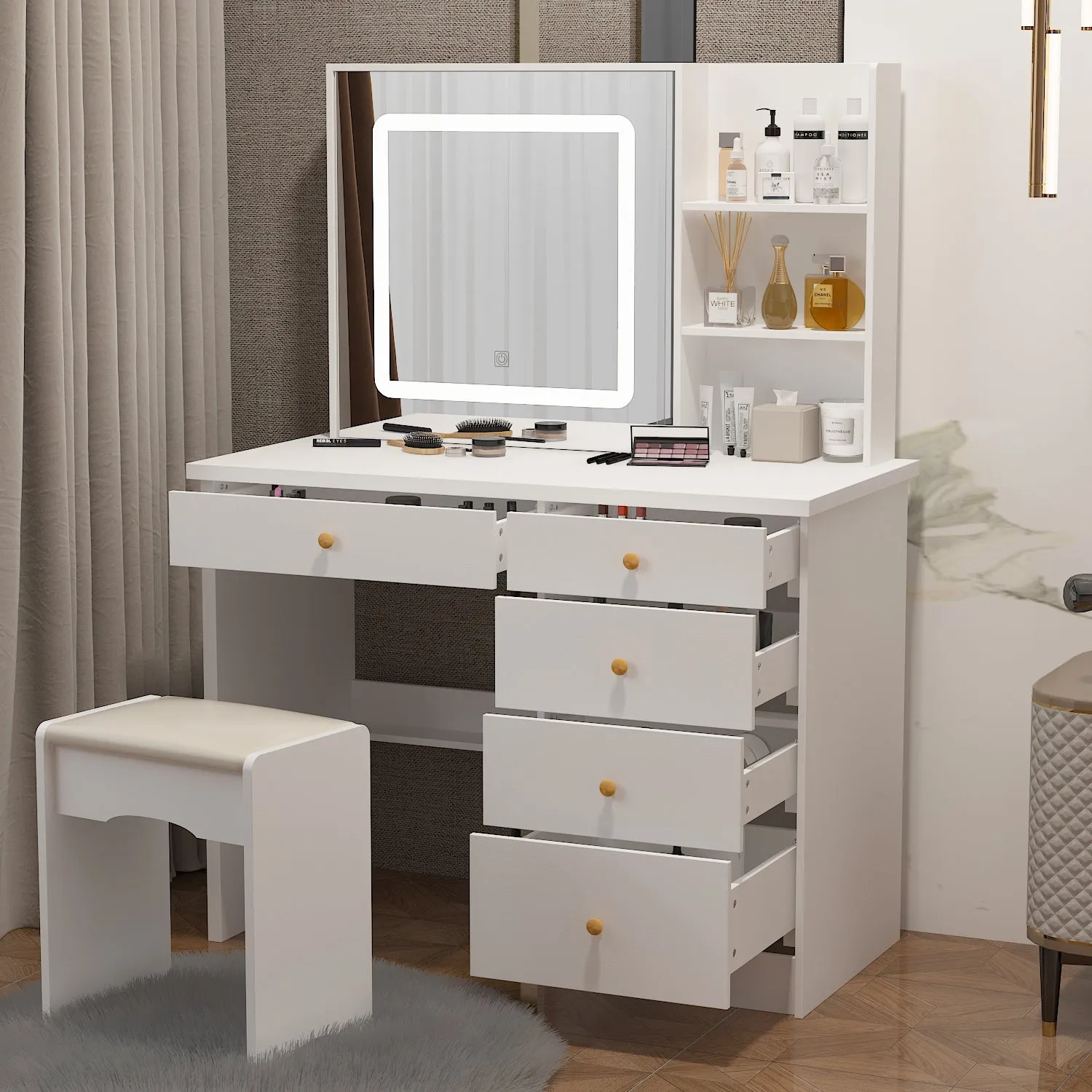 Makeup Vanity Set with Sliding Lighted Mirror, Cushioned Stool, 5 Drawers & Shelves