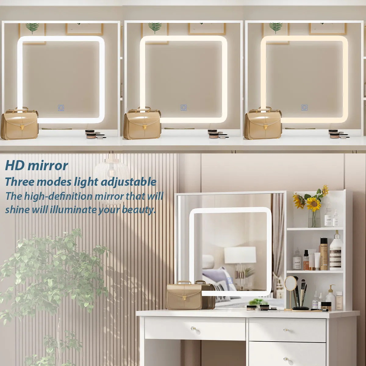 Makeup Vanity Set with Sliding Lighted Mirror, Cushioned Stool, 5 Drawers & Shelves